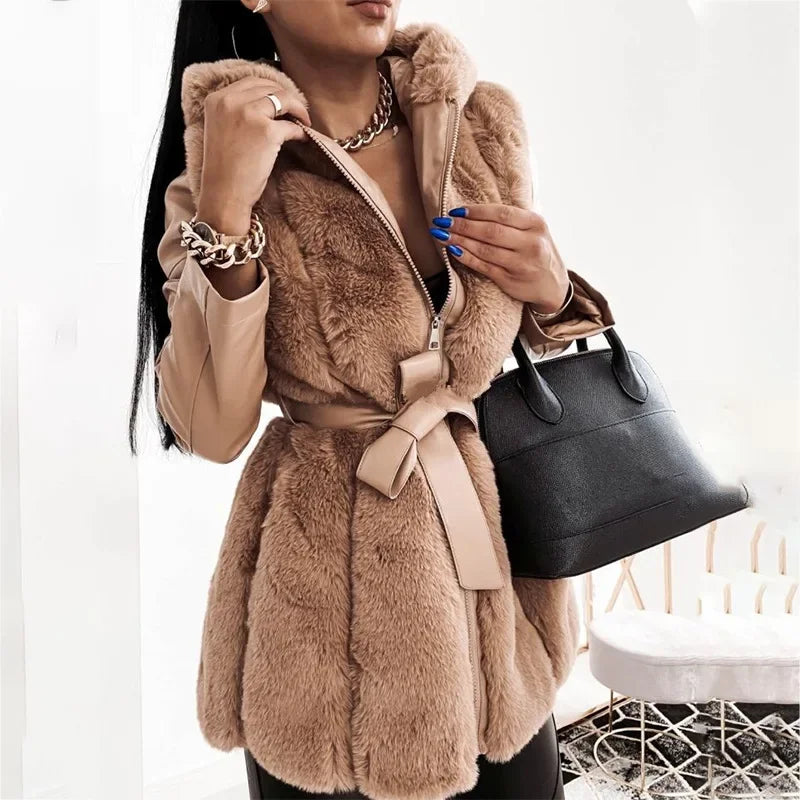 2024 Autumn Winter New Fur Coat Women with Belt Hooded Solid Color Zipper Jacket Coat Women's Clothing