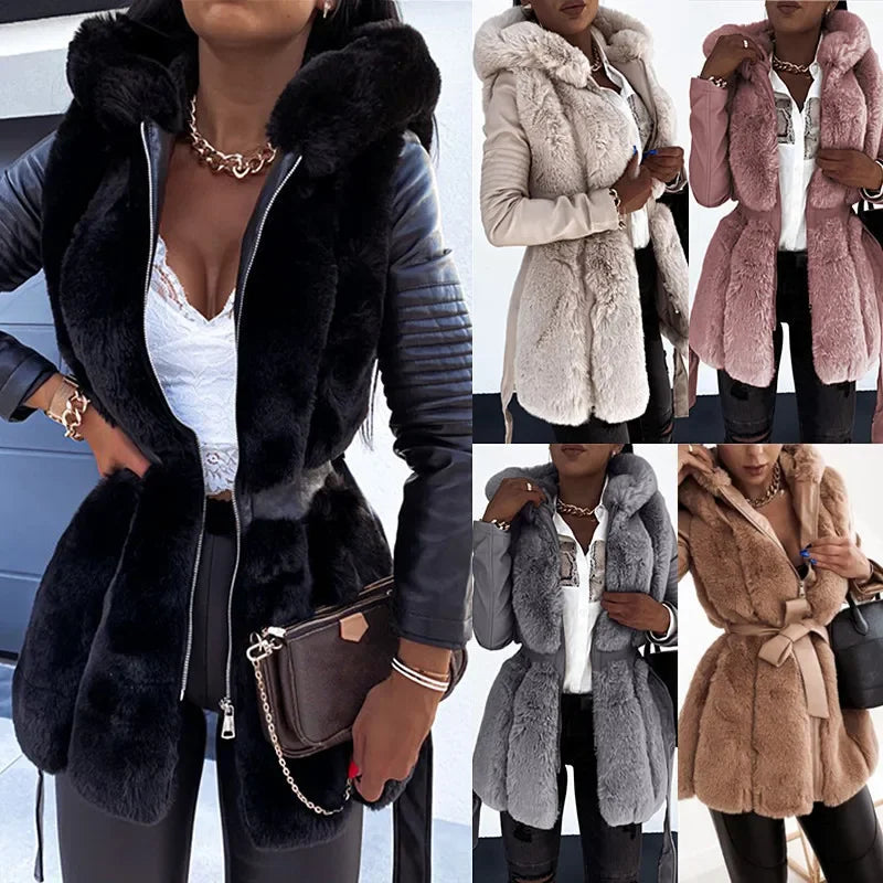 2024 Autumn Winter New Fur Coat Women with Belt Hooded Solid Color Zipper Jacket Coat Women's Clothing