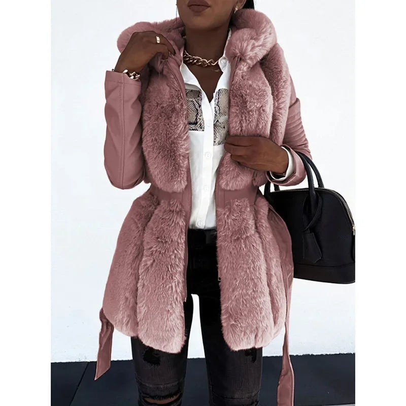 2024 Autumn Winter New Fur Coat Women with Belt Hooded Solid Color Zipper Jacket Coat Women's Clothing