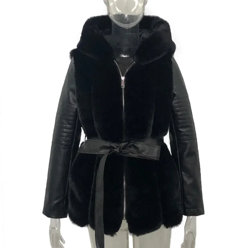 2024 Autumn Winter New Fur Coat Women with Belt Hooded Solid Color Zipper Jacket Coat Women's Clothing