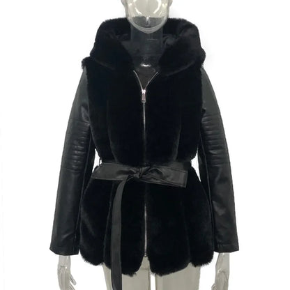 2024 Autumn Winter New Fur Coat Women with Belt Hooded Solid Color Zipper Jacket Coat Women's Clothing